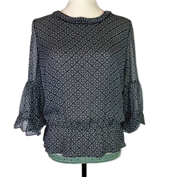 Kobi Halperin Silk Diamond Print Sheer Blouse Bell Sleeves Size M - Picture 1 of 10